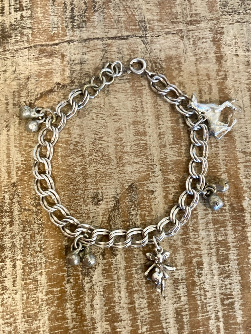 Silver Charm Bracelet with Bell, Fairy, Horse Charms 7” to 7.5” Long